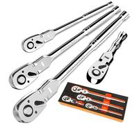 PRIDE&CRAFT 4-Piece Flex Head Ratchet Set, 1/4", 3/8", 1/2" Drive, 3/8" Stubby, 72-Tooth, Socket Wrench Quick Release Reversible Design, Swivel Head Ratchet, Chrome Alloy Made, EVA Organizer