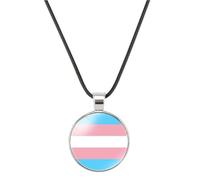 Pride Flag Round Glass Pendant Necklace, Transgender, Non-Binary, Bisexual, Pansexual, Lesbian, Rainbow Stripe, Corded (Progress Pride)