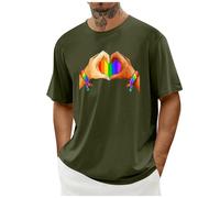 Pride T Shirt for Men Rainbow LGBT Heart Print Tshirt Short Sleeve Gay Lesbian Pride Month Tops Round Neck Blouse Tee for Lover Army Green L