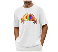 Pride T Shirt for Men Rainbow LGBT Heart Print Tshirt Short Sleeve Gay Lesbian Pride Month Tops Round Neck Blouse Tee for Lover White XL