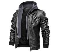 Priessei Leather Bomber Jackets for Men Pilot Jacket with Hood Cycle Motorbike Jacket Stylish Coat Autumn Aviator Black L
