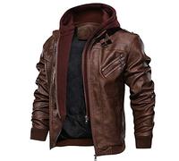 Priessei Leather Bomber Jackets for Men Pilot Jacket with Hood Cycle Motorbike Jacket Stylish Coat Autumn Aviator Brown L