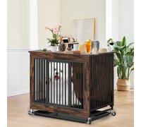 PRIJESSE Wooden Dog Crate Furniture, Indoor Kennel End Table with Door, Heavy Duty Pull Out Tray, Dog House for Large Medium Small Dogs, Rustic Brown (31.5×30.3×20.47 in)