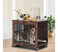 PRIJESSE Wooden Dog Crate Furniture, Indoor Kennel End Table with Door, Heavy Duty Pull Out Tray, Dog House for Large Medium Small Dogs, Rustic Brown (39×35×26.5 in)