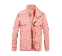PRIJOUHE Denim Jacket For Men Casual Loose Fit Jean Jackets Long Sleeve Button Down Trucker Coat Distressed Outerwear, Pink, XL