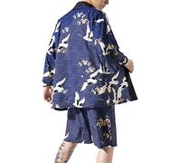 PRIJOUHE Japanese Kimono For Men Lightweight Open Front Kimono Bathrobe With Shorts 2 piece Summer Beach Outfits, 08-blue 2, Small