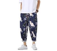 PRIJOUHE Men's Casual Capri Pants Elastic Waist Wide Leg Loose Baggy Harem Pants Breathable Summer Beach Pants, 09-navy, X-Large