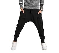 PRIJOUHE Mens Casual Harem Pants Cotton Drawstring Elastic Low Crotch Joggers Slim Fit Hip Hop Trousers - - Small