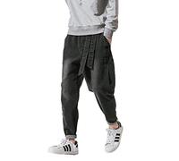 PRIJOUHE Mens Elastic Waist Drawstring Jeans Casual Regular Fit Tapered Leg Distressed Jeans Pants, 47-black, Medium