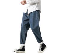 PRIJOUHE Mens Elastic Waist Jeans Casual Japanese Pants Relaxed Fit Drawstring Jeans Distressed Tapered Leg Denim Pants, 06-Blue, Medium