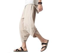 PRIJOUHE Men's Harem Capri Pants, Wide Leg Mens Capris, Summer Linen Pants, B-khaki, X-Large