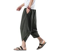 PRIJOUHE Men's Harem Capri Pants, Wide Leg Mens Capris, Summer Linen Pants, Green-75, Medium