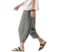 PRIJOUHE Men's Harem Capri Pants, Wide Leg Mens Capris, Summer Linen Pants, Z-grey, Large
