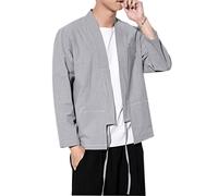 PRIJOUHE Men's Japanese Fashion Kimono Cardigan Haori Jacket Open Front Plus Size Traditional Coat Loose Yukata - Grey - Large