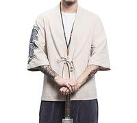 PRIJOUHE Men's Japanese Fashion Kimono Cardigan Plus Size Jacket Yukata Casual Cotton Linen Seven Sleeve Lightweight - - Large