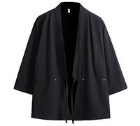 PRIJOUHE Men's Japanese Fashion Kimono Cardigan Plus Size Jacket Yukata Casual Cotton Linen Seven Sleeve Lightweight - Black - Medium