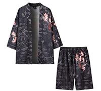 PRIJOUHE Mens Japanese Kimono Coat Suits Loose Open Front Seven Sleeve Kimono Cardigan Jacket with Shorts, Black1-23, Medium