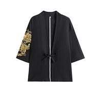 PRIJOUHE Men's Japanese Kimono Jacket Cardigan Yukata Noragi Casual Fashion Seven Sleeves Lightweight Open Front Coat, 02-black, M