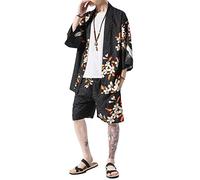PRIJOUHE Men's Japanese Style Kimono Tops Pants Sets Lightweight Casual Seven Sleeves Open Front Cardigan & Shorts - Black - Large