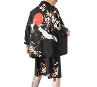 PRIJOUHE Men's Japanese Style Kimono Tops Pants Sets Lightweight Casual Seven Sleeves Open Front Cardigan & Shorts - Black - Large