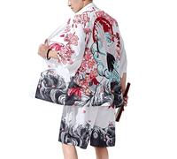PRIJOUHE Men's Japanese Style Kimono Tops Pants Sets Lightweight Casual Seven Sleeves Open Front Cardigan & Shorts, White2-22, XXL