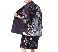PRIJOUHE Men's Japanese Style Kimono Tops Pants Sets Lightweight Casual Seven Sleeves Open Front Cardigan & Shorts, Black1-22, XXL