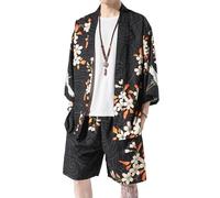 PRIJOUHE Men's Japanese Style Kimono Tops Pants Sets Lightweight Casual Seven Sleeves Open Front Cardigan & Shorts - Black - Large