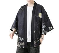 PRIJOUHE Mens Japanese Style Lightweight Kimono Jacket 7 Sleeve Open Front Jacket, 93-Black2, L