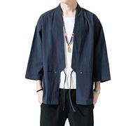 PRIJOUHE Mens Kimono Cardigan Cotton Linen Japanese Kimono Jacket 3/4 Sleeve Haori, 13 Navy, L