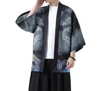 PRIJOUHE Men's Kimono Cardigan Jacket Japanese Style Flying Crane Seven Sleeves Open Front Coat, 86-black, Medium
