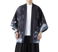 PRIJOUHE Men's Kimono Cardigan Jacket Japanese Style Flying Crane Seven Sleeves Open Front Coat, 87-black 1, Large