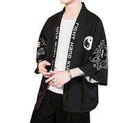 PRIJOUHE Men's Kimono Cardigan Jacket Japanese Style Flying Crane Seven Sleeves Open Front Coat - Black - Medium