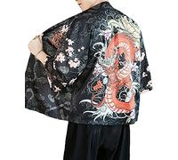PRIJOUHE Men's Kimono Cardigan Jacket Japanese Style Flying Crane Seven Sleeves Open Front Coat - Black - XXL