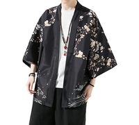 PRIJOUHE Men's Kimono Cardigan Jacket Japanese Style Flying Crane Seven Sleeves Open Front Coat, Black-36, XXL