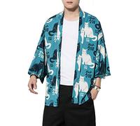 PRIJOUHE Men's Kimono Cardigan Jacket Japanese Style Flying Crane Seven Sleeves Open Front Coat, F-green, M
