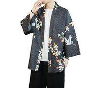 PRIJOUHE Men's Kimono Cardigan Jacket Japanese Style Flying Crane Seven Sleeves Open Front Coat - - Large