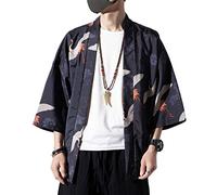 PRIJOUHE Men's Kimono Cardigan Jacket Japanese Style Flying Crane Seven Sleeves Open Front Coat, Navy, M