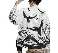 PRIJOUHE Men's Kimono Cardigan Jacket Japanese Style Flying Crane Seven Sleeves Open Front Coat - White - S