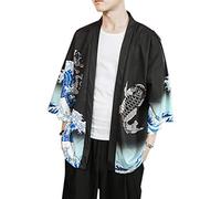 PRIJOUHE Men's Kimono Cardigan Jacket Japanese Style Flying Crane Seven Sleeves Open Front Coat, Z-black 10, M