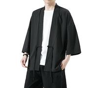 PRIJOUHE Men's Kimono Jackets Cardigan Casual Cotton Blends Linen Seven Sleeve Open Front Embroidery Coat, 36-black, Large