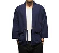 PRIJOUHE Men's Japanese Style Kimono Cardigan Jacket Cotton Blends Linen Seven Sleeves Solid Color Open Front Coat - - X-Large