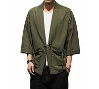 PRIJOUHE Men's Kimono Jackets Cardigan Casual Cotton Blends Linen Seven Sleeve Open Front Embroidery Coat, Green 707, Medium