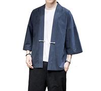 PRIJOUHE Men's Kimono Jackets Cardigan Casual Cotton Blends Linen Seven Sleeve Open Front Embroidery Coat, Navy-17, XXL