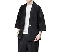 PRIJOUHE Men's Kimono Jackets Cardigan Casual Cotton Blends Linen Seven Sleeve Open Front Embroidery Coat - - Large