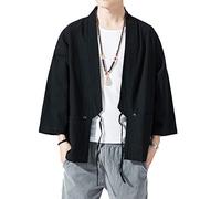 PRIJOUHE Men's Kimono Jackets Cardigan Lightweight Casual Cotton Blends Linen Seven Sleeves Open Front Coat Outwear, 13 Black, L