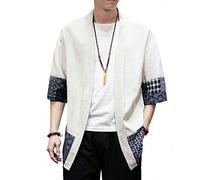 PRIJOUHE Men's Kimono Jackets Cardigan Lightweight Casual Cotton Blends Linen Seven Sleeves Open Front Coat Outwear - - Medium