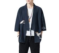 PRIJOUHE Men's Kimono Jackets Cardigan Lightweight Casual Cotton Blends Linen Seven Sleeves Open Front Coat Outwear, 12 Navy, L