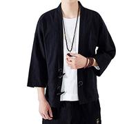 PRIJOUHE Men's Kimono Jackets Cardigan Lightweight Casual Cotton Blends Linen Seven Sleeves Open Front Coat Outwear, 65 Black, Large