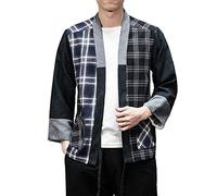 PRIJOUHE Men's Kimono Jackets Cardigan Lightweight Casual Cotton Blends Linen Seven Sleeves Open Front Coat Outwear - Black - Large