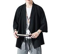 PRIJOUHE Men's Kimono Jackets Cardigan Lightweight Casual Cotton Blends Linen Seven Sleeves Open Front Coat Outwear, 06 Black, XL